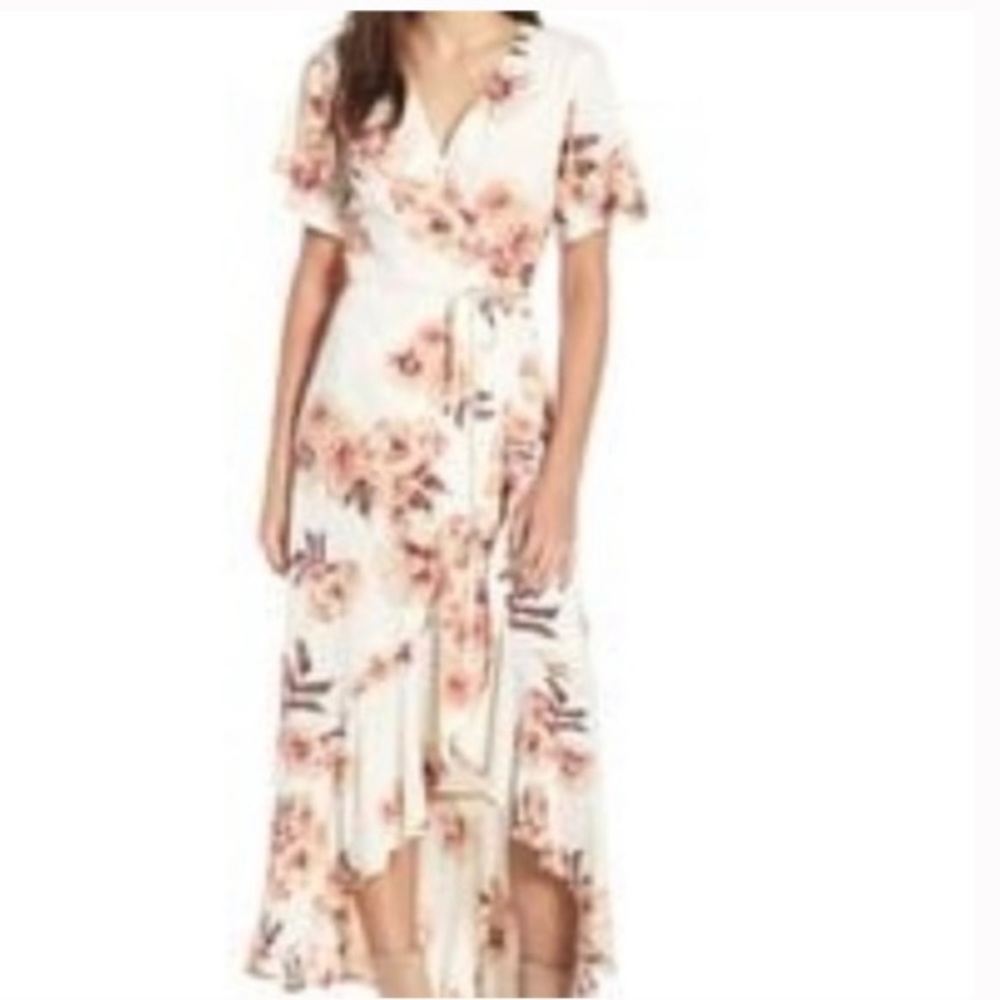 Leith cream floral flutter sleeve wrap maxi high low dress with ruffle